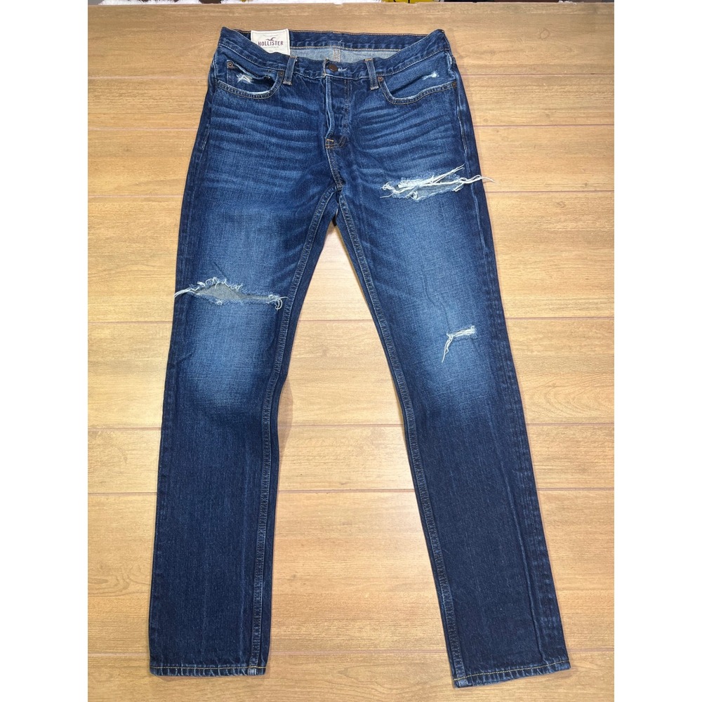 Hollister Mens‎ Jeans Dark Wash Slim Fit Button Fly Distressed Size 34x34/33